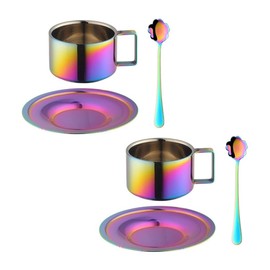 TUPMFG Stainless Steel Espresso Cups Set of 2, Thick-Walled Cappuccino Cups Set with Saucer and Spoon, 200 ml Small Coffee Cups, Colourful