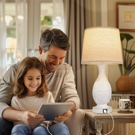 Farmhouse Table Lamps for Bedroom - Bedside Lamps Set of 2 with USB C+A, 3-Way Dimmable Touch Lamps for Night Stands Living Room End Table Nightstand Side Table with Oat Fabric Shade(Bulbs Included)