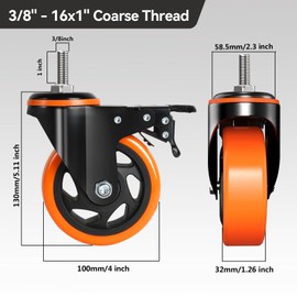 BZOLIHEU Stem Caster Wheels 4 Inch Heavy Duty 2000lbs, Threaded Stem Casters Set of 4, American Size 3/8" -16 x 1 Locking Casters Swivel Castor Wheels for Furniture, Cart, Industrial