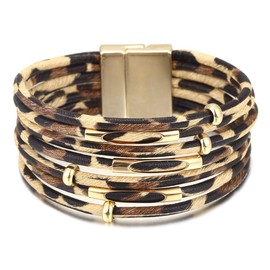 WATEFOER Leather Wrap Bracelets for Women, Boho Leopard Multi-Layer Crystal Beads Cuff Bracelet with Magnetic Buckle Stackable Bracelet Jewellery Gifts for Mother's Day, Leather