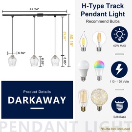 Darkaway H-Type Track Pendant Lighting, 1-Light Ceiling Track Hanging Light Fixturs for Kitchen Island Dining Room Hallway