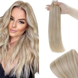 RUNATURE Real Hair Extensions Tape Blonde Highlights 35 cm Invisible Tape Extensions Real Hair Ash Blonde with Platinum Blonde 20 Pieces 50 g Long Extensions Real Hair Tape Straight #18AP60