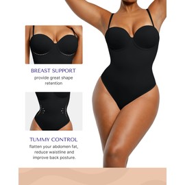 SHAPELLX Shapewear Bodysuit Tummy Control Body Shaper Removable Straps Low Back Shapewear with Built-in Bra for Women (Black,X-Large)