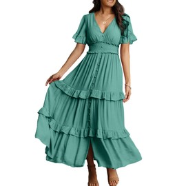 Amegoya Women's Summer Boho Tiered Maxi Dress V Neck Smocked Hight Waist Long Flowy Dress (Blue Green XL)