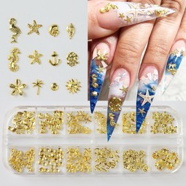 JFIYUOMCI 12 Grids Ocean Nail Charms, Gold Beach Nail Gems and Charms Rhinestones - Sea Star Shell Sea Horse Coconut Tree Nail Art Decoration, 3D Metal Studs Summer Jewelry for Women