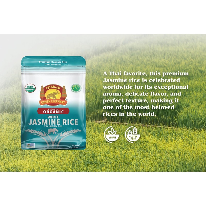 Queen Elephant Premium Organic White Jasmine Rice 2lbs Pack of