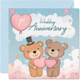 1st Anniversary Card for Women Men - Bears & Clouds - Happy 1 Year Wedding Anniversary Card for Partner Husband Companion Wife, 145mm Anniversaries Greeting Cards