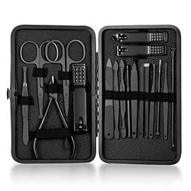 Profession Nail Clippers Set 18 pcs，Black Stainless Steel Sharp Nail Trimmer Pedicure and Manicure Set with Cortex Metal Case for Men and Women