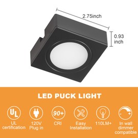 LUMILAND Wired LED Puck Lights Square 2.68" Wide 3000K, 120V Plug-in or Hardwired Installation with Recessed or Surface Mounted, Black, Set of 6