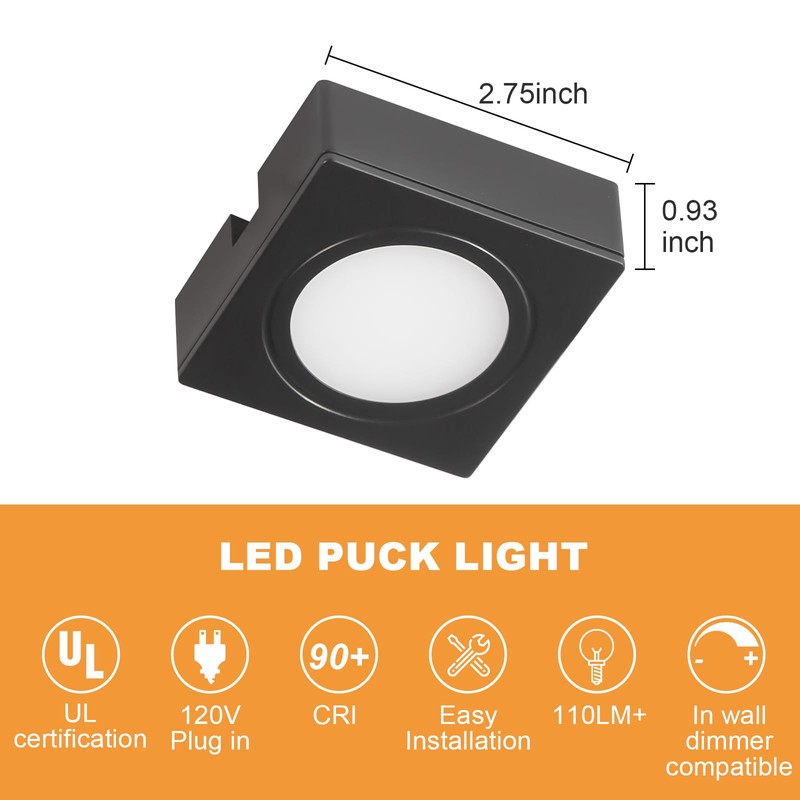LUMILAND Wired LED Puck Lights Square 2.68" Wide 3000K, 120V