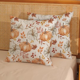 DAFENA Fall Pillow Covers 18x18 Inch 2 Pcs Burnt Orange Grey Pumpkin Maple Leaves Autumn Decor Throw Pillows Leaf Thanksgiving Outdoor Holiday Decoration Pillowcase Linen Cushion Cover for Couch Sofa