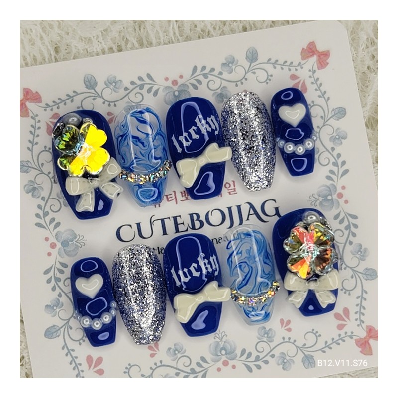 Blue Lucky Handmade Nail Tips - Square L / 블루