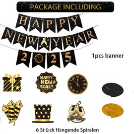 New Year's Eve Decoration 2025 Happy New Year Garland Banner 2025 Hanging Swirl Decoration Silver Decoration Party Set Black Gold Spiral Garlands for New Year Party Decoration