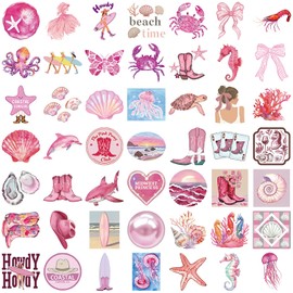 Pink & Blue Coastal Girl Stickers, 100PCS Waterproof Vinyl Sea Life Decals, Ocean Beach Aesthetic Stickers for Laptop Water Bottle Journal, Cute Marine Animal & Shell Designs