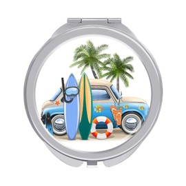 Summer Surfing Hamper Cat Van Surfboard Palm Trees Folding Make Up Mirror, Portable Travel Makeup Mirror, Compact 2X/1X Magnification Mirror for Mom Women Ladies 2.4 x 2.4 inch