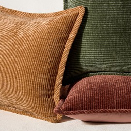 Phantoscope Pack of 2 Paris Corduroy Pillow Covers, Vintage Fall Twill Edge Decorative Throw Pillows Soft Boho Textured Pillows Broadside Solid Square Cushion Case for Couch, Orange 20 x 20 inches