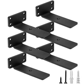 HITOMEN Heavy Duty Floating Shelf Brackets, 5-Inch (1/5'' Thick) Hidden Shelves Hardware, Iron L Brackets, Rustic Industrial Black Metal Wall Shelving Supports, 6 Pack