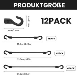Spanngummi mit Haken 12 Stück – Verschiedene Längen 18/23/31 cm – Robuste Expander mit Haken, Flexibles Gummiband mit Haken, Strapazierfähige Spannbänder mit Haken für Gepäck, Auto, Camping