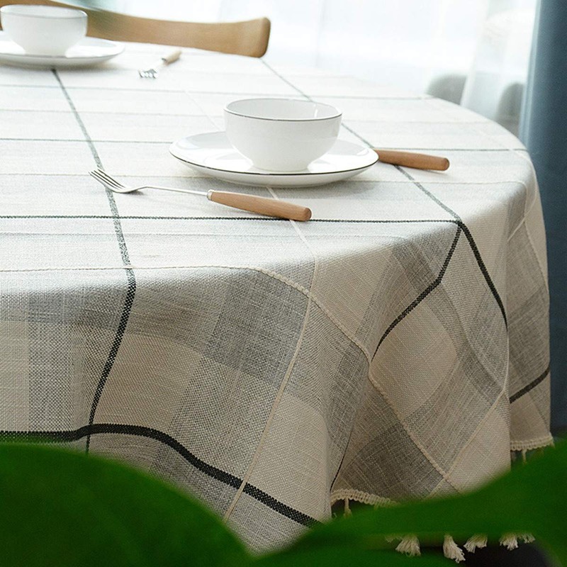 Dimatic Heavy Weight Cotton Linen Tablecloth, Plaid Tassel Round Table