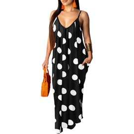 HipGlamp Women's Black White Polka Dot Maxi Dress Outdoor Parties Deep V Neck Spaghetti Strap with Pockets Casual Summer Swing Dress -4 Large