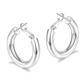 sovesi Chunky Silver Hoop Earrings for Women, 14k White Gold Plated Hoop Earrings with 925 Sterling Silver Post Chunky Silver Hoops for Women 30mm