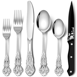 Stapava 48 Pcs Gorgeous Retro Royal Silverware Set with Steak Knives, Stainless Steel Cutlery Flatware Set for 8, Include Forks Spoons and Knives set, Dishwasher Safe Utensils Set, Mirror Polished