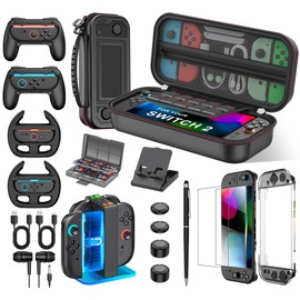 Larstylee 17 in 1 Switch 2 Accessories Bundle - Carrying Case, Screen Protectors, Charging Dock, Steering Wheel, Game Case, Stylus, Headphone, Stand, Protective Case for Joy Cons, Cable SKin