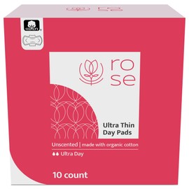 Rose Organic Day Pads - Ultra Thin with Wings, Ultra Absorbent, Organic Cotton Topsheet, Unscented - 10 Count (Pack of 1)