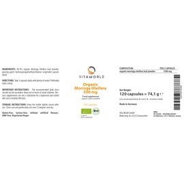 Vita World Vita world Organic Moringa Oleifera 500 mg l 120 Caspules Vegan l Pure - Without Any unwanted fillers l Made in Germany