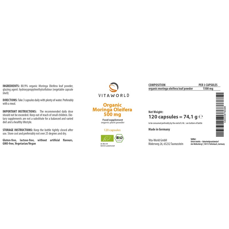 Vita World Vita world Organic Moringa Oleifera 500 mg l