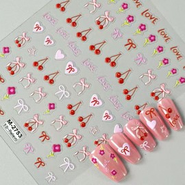 Cherry Nail Stickers for Nail Art Pink Nail Art Stickers Bowknot Heart Nail Decals Self Adhesive 5D Embossed Nail Art Design Manicure Supplies Charm for Women Nail Art Decorations Accessories