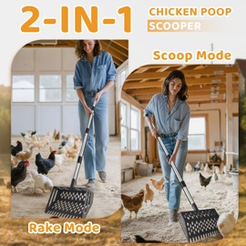 Chicken Poop Scooper & Rake, 2-in-1 Heavy Duty Metal Chicken Coop Scoop with Adjustable Length (36"–65"), Poultry Litter Tools Scooper Sand Sifting Shovel for Chicken Coops Animal Farms & Poultry Run