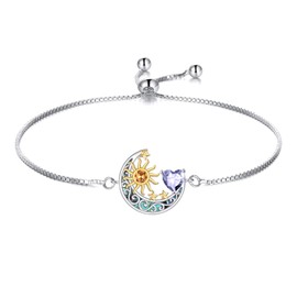 925 Sterling Silver Moon and Sun Star Adjustable Link Bracelet for Women Alexandrite June Birthstone Birthday Jewelry