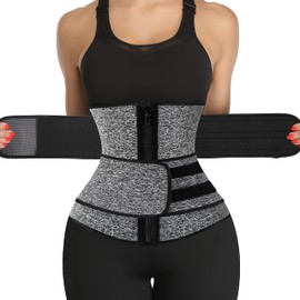 KIWI RATA Neoprene Sauna Waist Trainer Corset Sweat Belt with 2 Straps for Women Sweat Band Compression Cincher Workout Fitness Trimmer,#1 Zipper Grey,Small