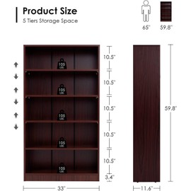 ComeWay 5 Shelves Open Modern Bookcase, 33"L×11.6"W×59.8"H Sturdy Wooden Book Shelf with Freestanding Display Storage, Wood Book Case For Study Home Office Library Reading Nook Living Room, Mahogany