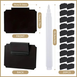 Pack of 20 Label Holder Clips, Reusable PVC Basket Labels Clip, Wipe-Clean Black Clips, Label with 1 Whiteboard Pen, Removable Label Holder for Storage Baskets, Shelf, Organiser Box