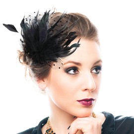 Yolev Yolev Feather Fascinator Hat for Women - 1920s Vintage Flapper Headpiece Accessories - Black, Mesh, Feathers, Polka Dot, Faux Peacock, Tea Party, Cocktail, Wedding, Party