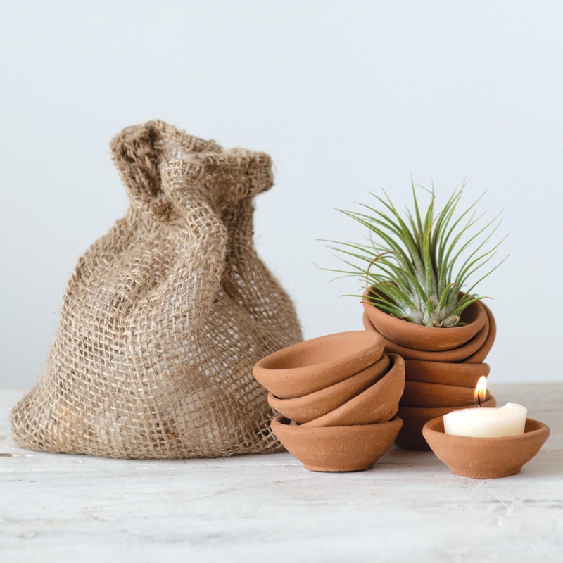 Creative Co-Op Terracotta Bowl in Jute Bag, Set of 12
