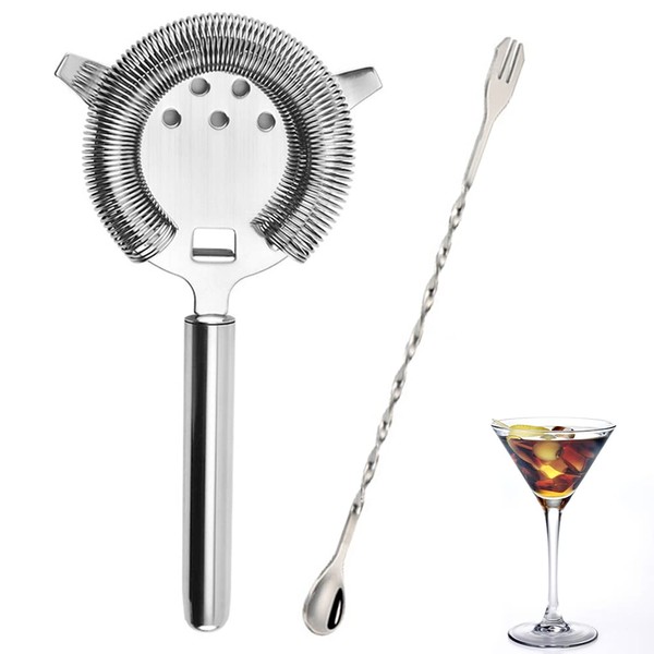2 Piece Suit Cocktail Strainer Spiral Mixing Spoon 2 Prong Cocktail Strainer Strainer for Bar Restaurant Home Bartenders and Mixologists