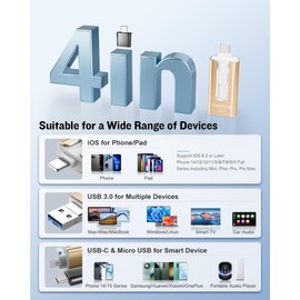 GNASEET USB Stick 256GB for Phone, USB 3.0 Flash Drive High Speed Transfer, 4-in-1 Memory Stick Thumb Drive for Phone/Pad/Android/PC, External Storage Photo Stick Save More Photos Videos, Gold