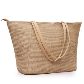 KALIDI Straw Beach Bag for Women Straw Tote Bag with Zip Large Handbag Summer Holiday Bag