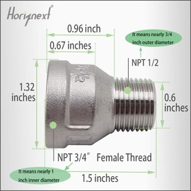 Horiznext npt 1/2-3/4 male to female thread reducer adapter, stainless steel connector for plumbing,shower hose, sink faucet, tub, air water gas line(2 pcs)