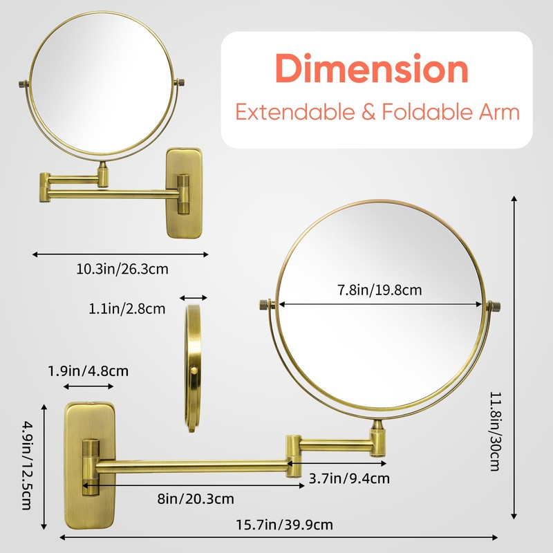 GURUN 8-Inch Double-Sided Wall Mount Makeup Mirror Antique Satin Brass