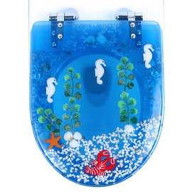 Resin Toilet Seat, Round Soft Close Quick Release 3D Effects Heavy Duty Toilet Seats with Blue Fish Seashells Cover, Acrylic Seats Ocean Series 17 Inch