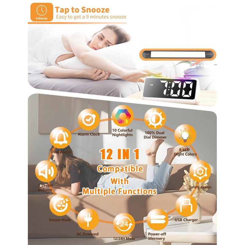 Ohamtes Digital Alarm Clock，Bedside Clocks with RGB Night Light, Large