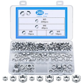 260 Pcs M5 M6 M8 Nuts, Carbon Steel Hex Nuts, Hex Full Nuts, Hexagon Nuts, Self Locking Nuts, Standard Thread Nuts, Threaded Inserts Hex Nuts Set