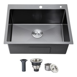 ROVOGO 24x18x9 in. Drop-in Kitchen Sink Black, 304 Stainless Steel Top Mount Handmade Sink Single Bowl with 2 Holes