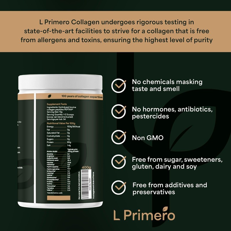L Primero Collagen Peptides Powder 400g, Hydrolysed Unflavoured, Grass-Fed Bovine