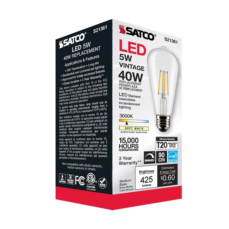 Satco S21361 5ST19/CL/LED/930/E26-6 Pack