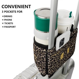 riemot Travel Luggage Cup Holder Luggage Travel Cup Holder Drink Holder Hands-Free Drink Trolley Holds Two Coffee Cups ID Pockets Money Belt for Flight Attendants Travellers Accessories, leopard,